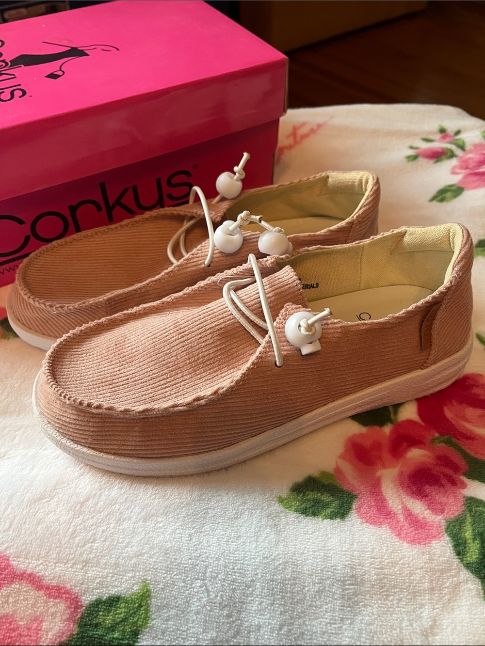 Corkys Blush Pink Corduroy Slip-On Sneakers with Toggle Laces